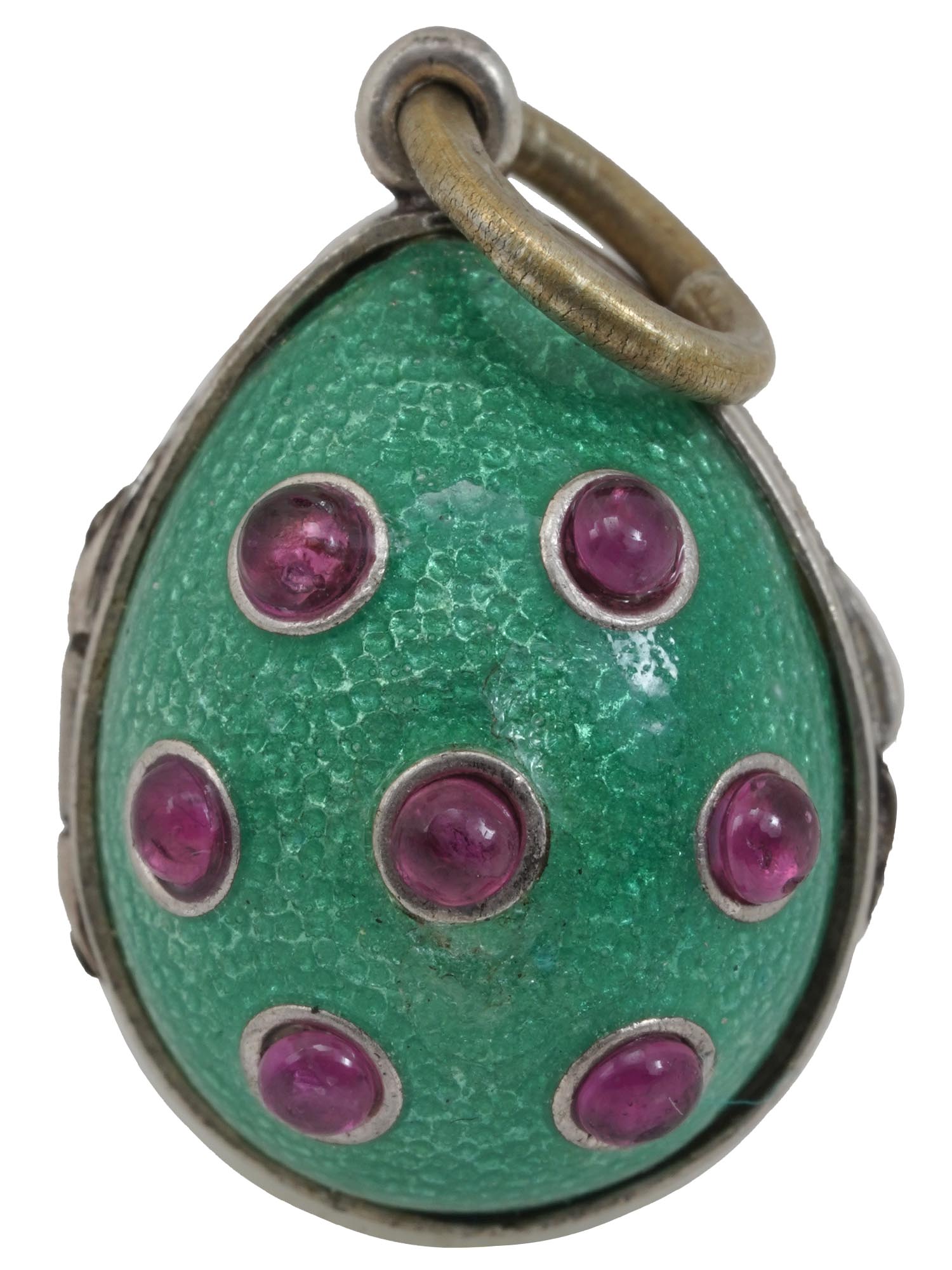 RUSSIAN SILVER ENAMEL EGG PENDANT W RUBY STONES PIC-0